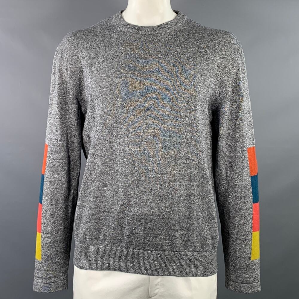 PAUL SMITH L Heather Grey Multi Color Color Block Cotton Wool Crew Neck Pullover